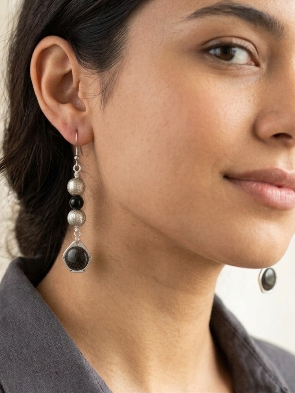 Handcrafted Silver Tone And Black Dangle Earrings